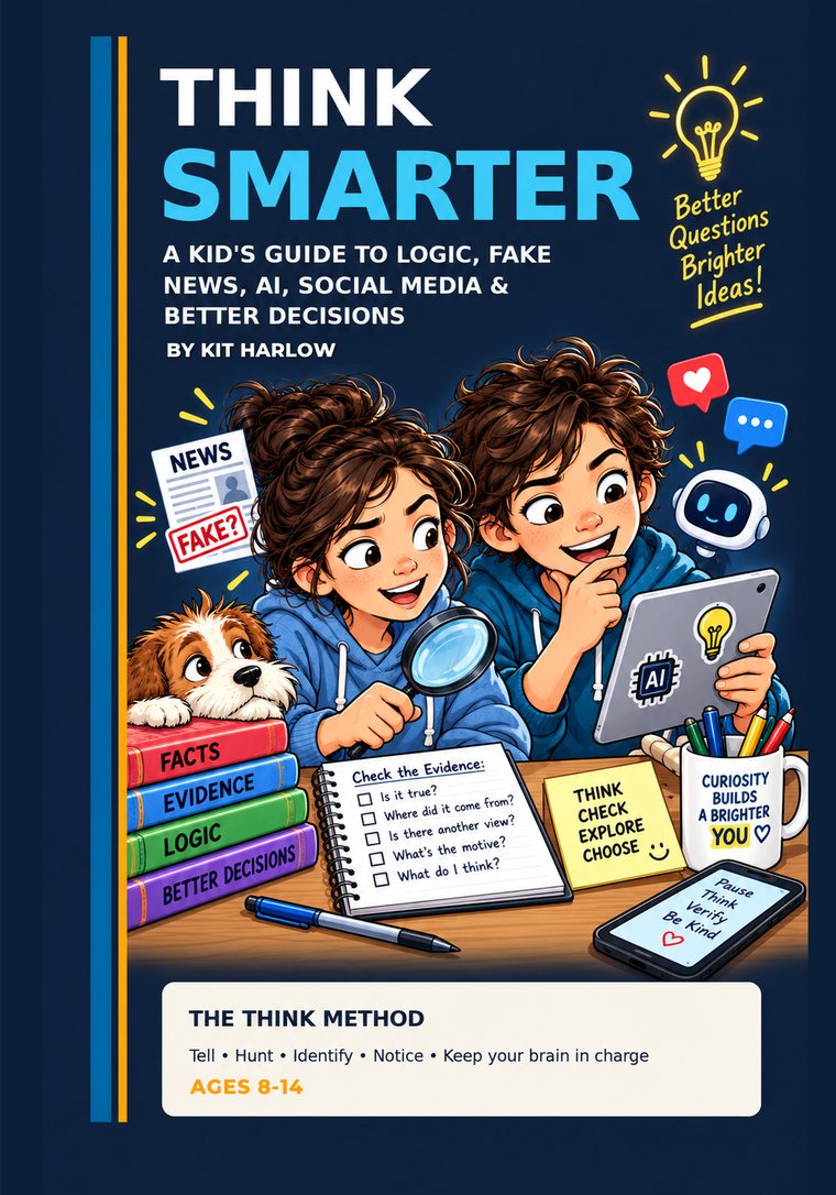 Cover of Think Smarter by Kit Harlow: two children at a desk with a magnifying glass, a tablet, a stack of books labelled Facts, Evidence, Logic and Better Decisions, and a newspaper marked Fake?