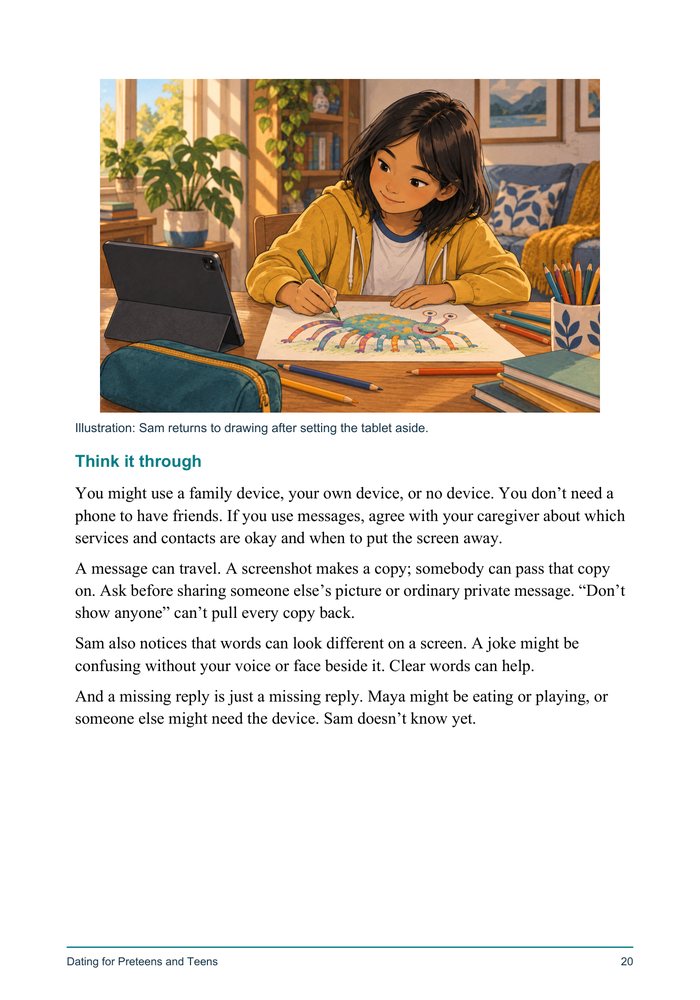 Illustrations show ordinary moments — conversations, not romance.