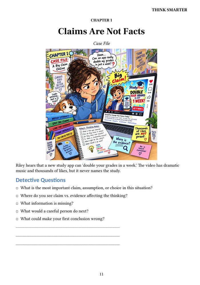 Chapter 1 opens with a case file: an app promising to double your grades in a week.
