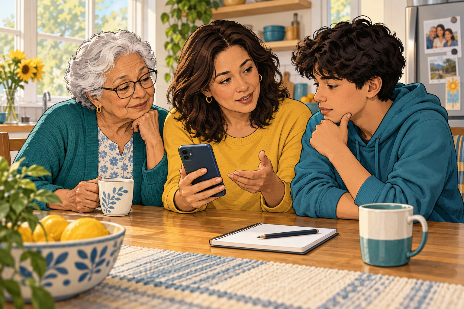 Family members checking a phone message together at a kitchen table