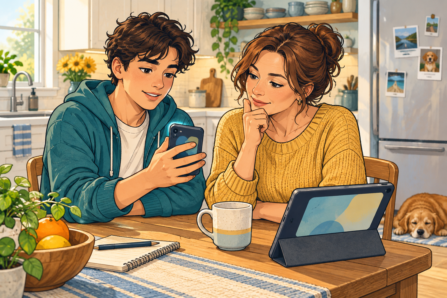 A parent and teenager checking a digital invitation together